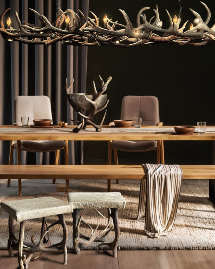 10 - the antler lamp 250 cm above the table, cooler on the table, stools in front of the picture to the left-001